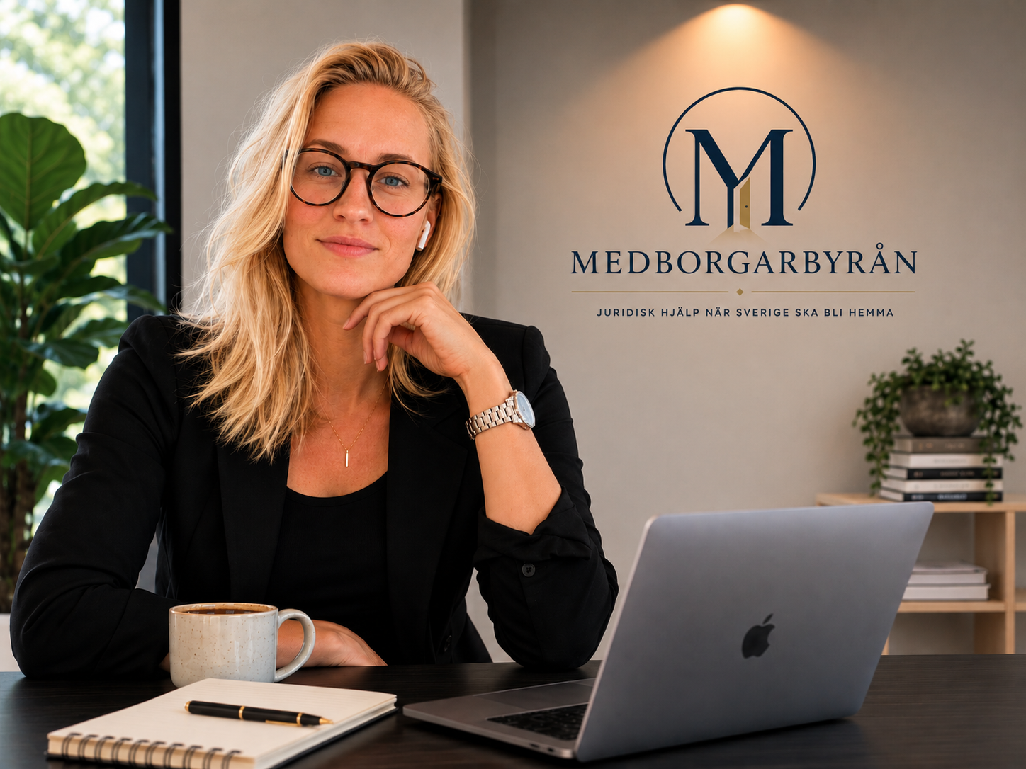 Karin Johannesson, grundare och verksamhetsansvarig för Medborgarbyrån, i arbetsmiljö med byråns logotyp i bakgrunden